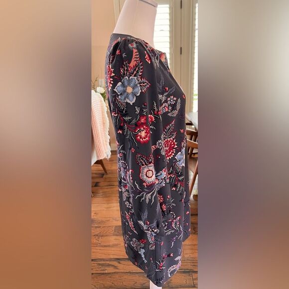 Floral Boho Shift Dress Gray Red Blue Long Sleeve Puff Sleeve Retro 4P Mini - Picture 4 of 8